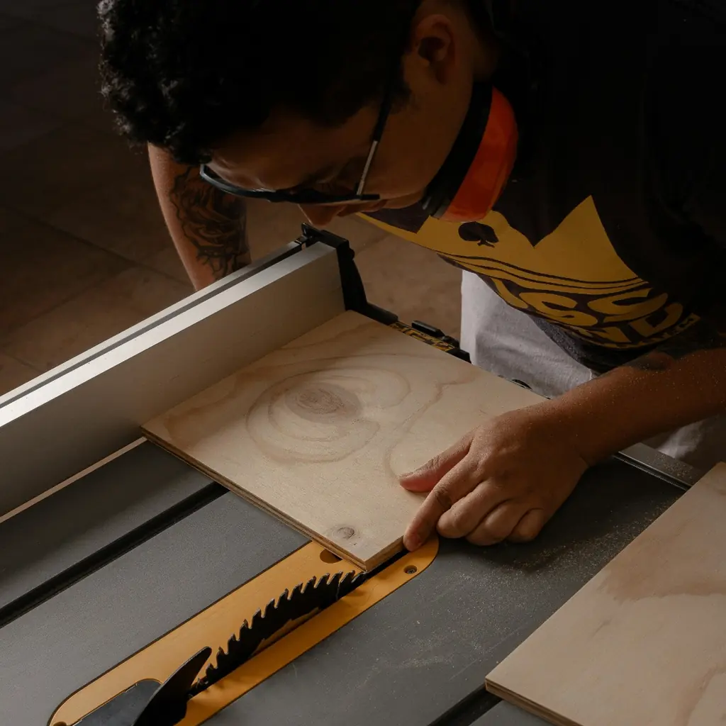 Craftsperson carefully cutting wood on a table saw, highlighting precision and focus in joinery work